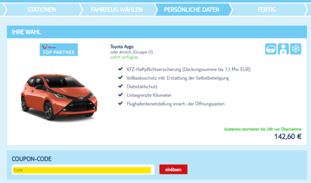 TUI CARS Gutscheincode einlösen